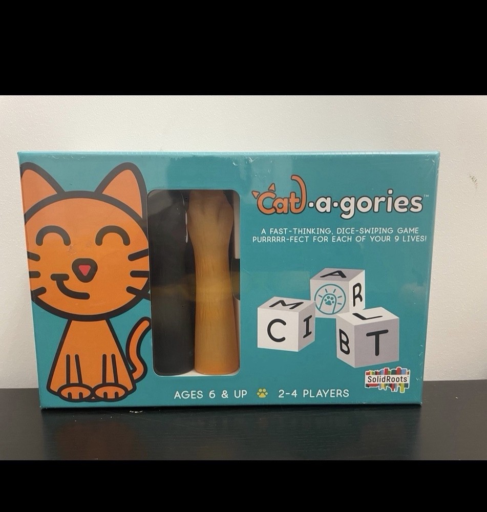 Solid Roots Cat-a-gories Game 2-4 Players 6+Wearable Cat Paws Dice & Topic Cards