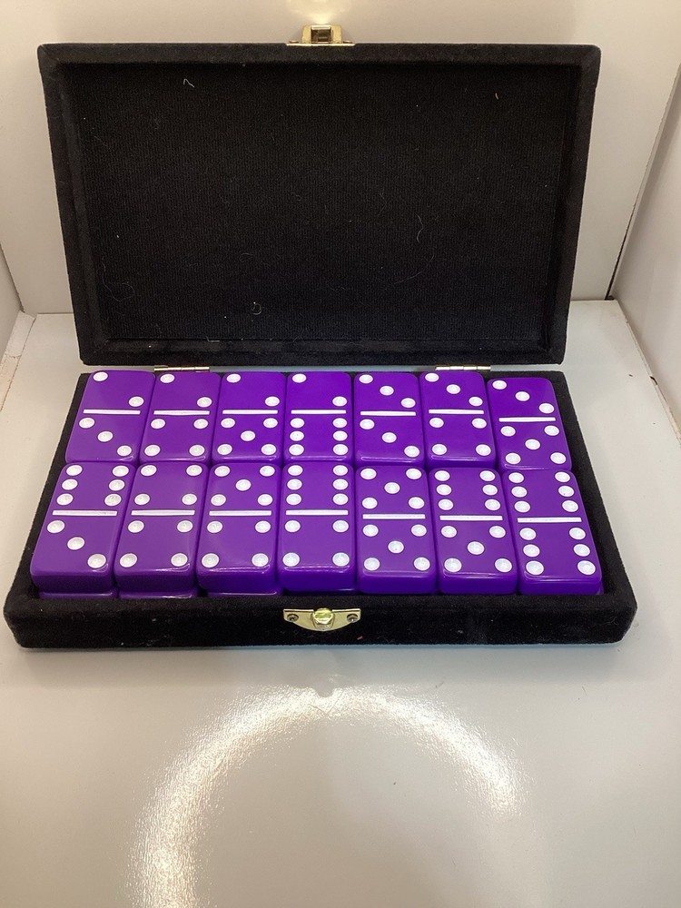 Purple Double Six Domino Set 28 Tiles Black Velvet Case Complete Game Set