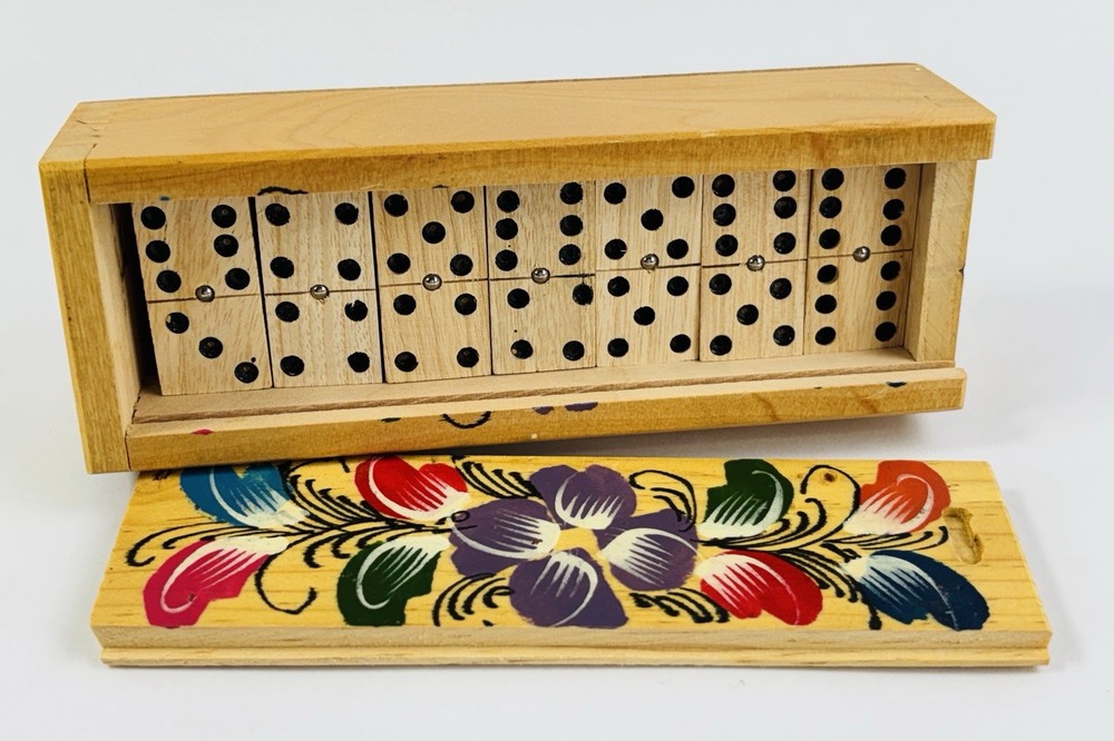 Vintage Hand Painted Wooden Dominoes Set Floral Mexican Folk Art Box 28 Pcs