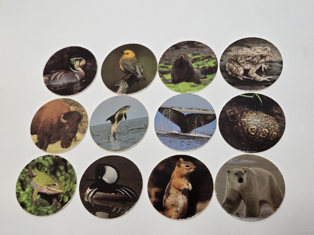 Used Vintage 90s Pogs Lot Of 12 Wildlife Animals Birds Sea Life Frogs.