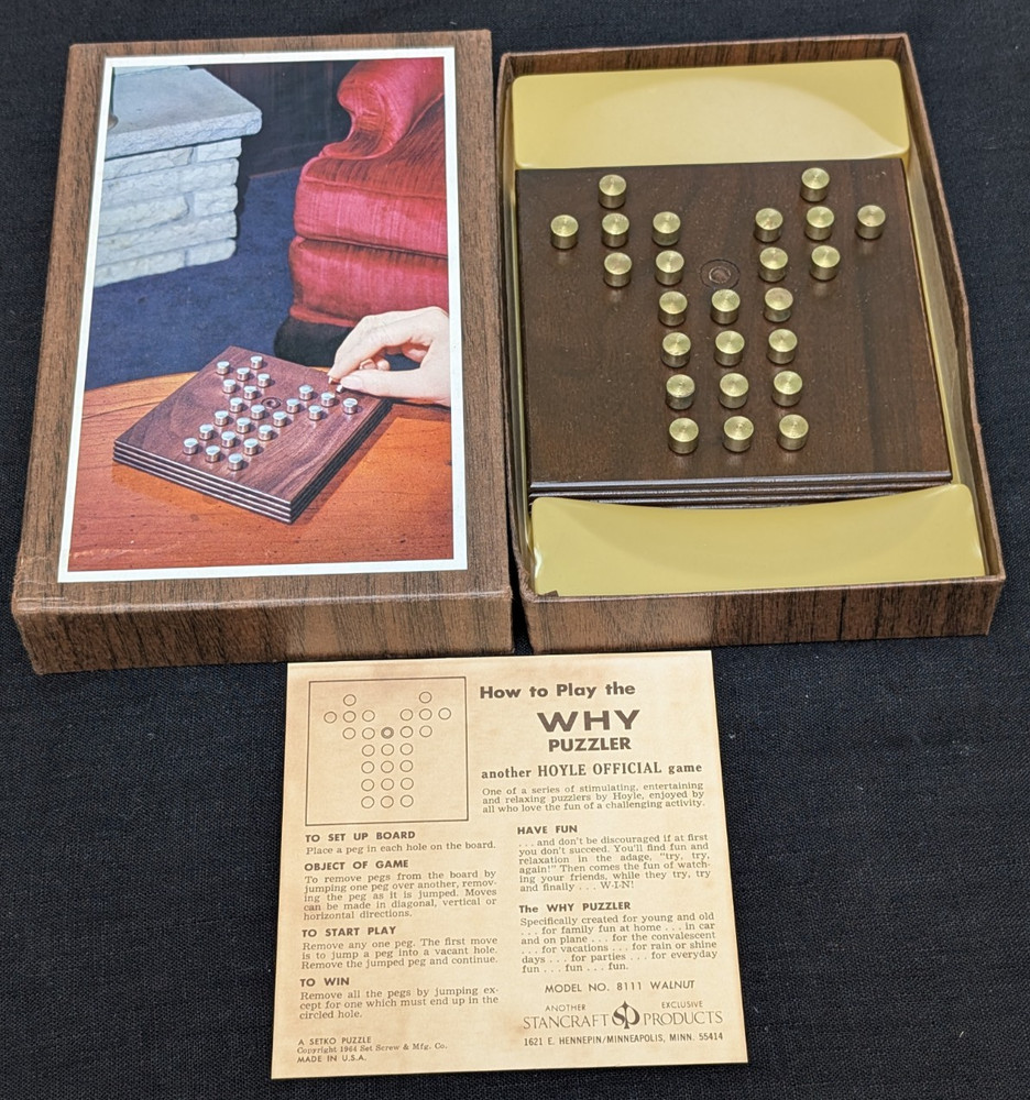 VTG 1964 HOYLE GAME SETKO’S THE WHY PUZZLER WALNUT BOARD BRASS PCS BOXED COMPLET