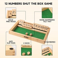 12 Number Wooden Shut The Box Dice Game Board Set Family Pub Bar Dice Board Game