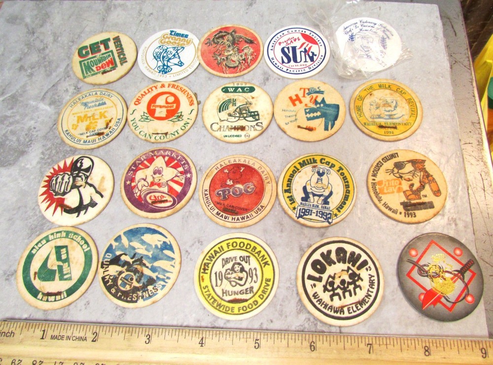 Pog Pogs game set of 20 various Hawaii pog playing caps pieces, fun set!