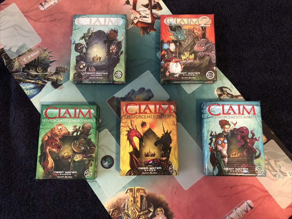 Claim Card Game 1 & 2 + All 3 Expansions Two Promo Sets Magic Maps Playmat Mercs