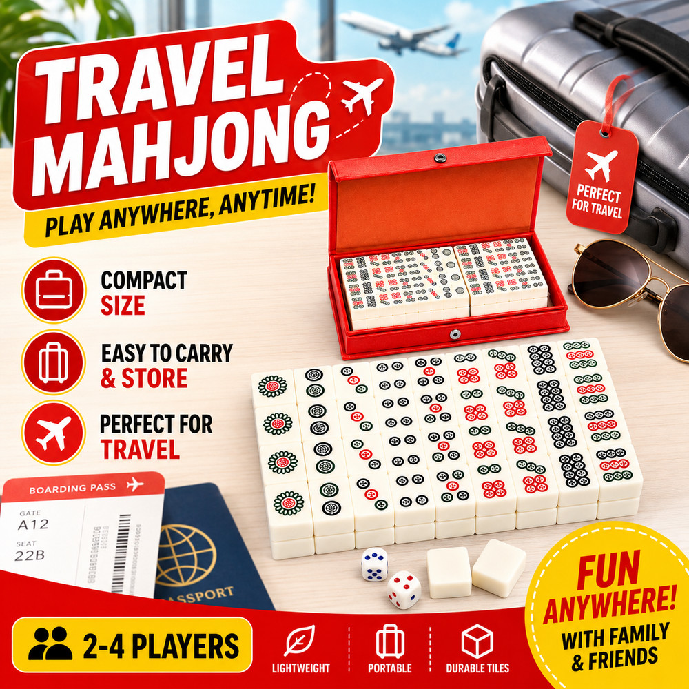 Mini Travel Mahjong Set 144 Tiles 2 Dice Compact Red Case Chinese Board Game
