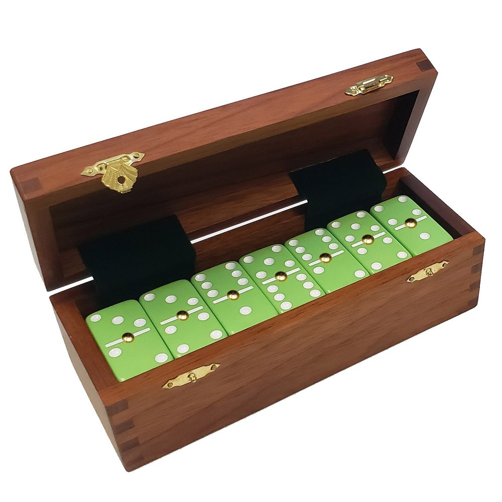 Domino Double Six 6 Lime Green Pro Size with Spinners – Wood Box