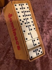 Vintage Nico Products Dominoes Double 6 Set Urea Metal Spin Wood Box N Bergen NJ