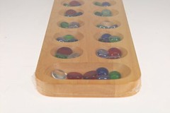 Mancala (African Stone Game) Solid Wood Board Multicolored Glass Stones 17.5″