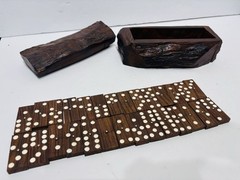 Vintage Walnut Wood Dominoes Set And Box