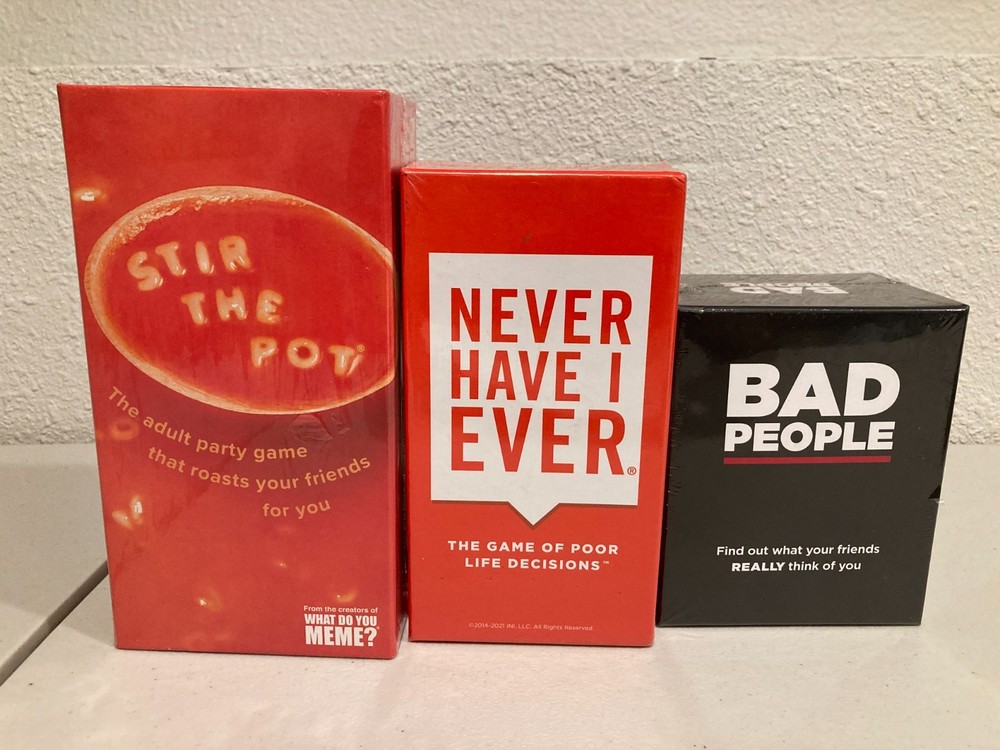 Lot of 3 Adult Party Games New Sealed – Never Have I Ever, Bad People, Stir the