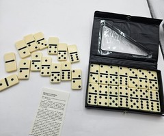 Vintage Double Six Dominoes Set of 28 Travel Size Black Vinyl Case Instructions