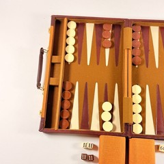 Vintage Travel Size Backgammon Set Faux Leather Compact Design With Dice & Cups