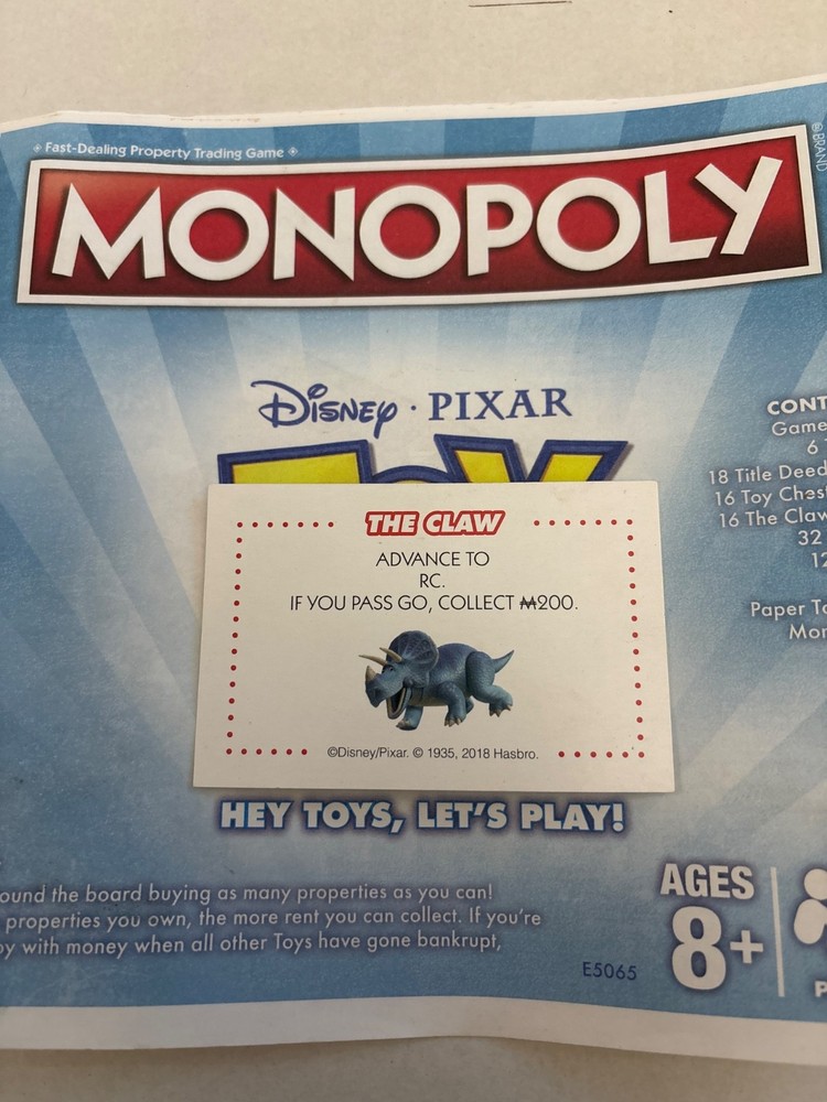 2018 Monopoly Toy Story Advance To RC Chance Claw Card Game