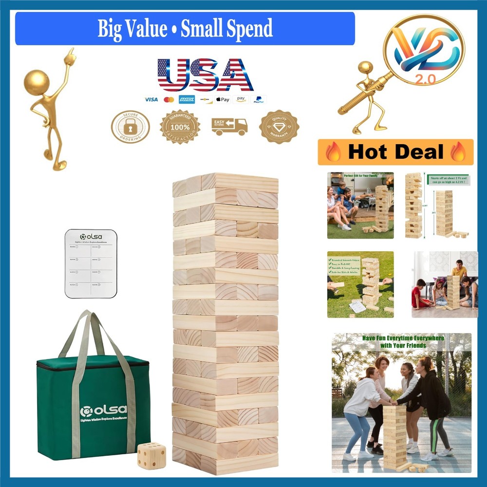 Giant Tumble Tower 57PCS Wooden Block Yard Game Indoor Outdoor Family Fun