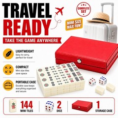 Travel Mini Mahjong Set 144 Tiles 2 Dice Red Carry Case Family Tabletop Game Toy