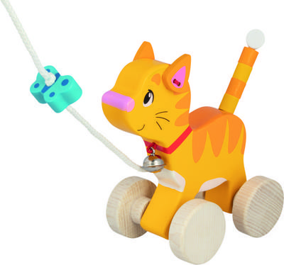 goki 54896 Pull Along Cat Wooden, Pull Along Toy with Animal Print, Learning