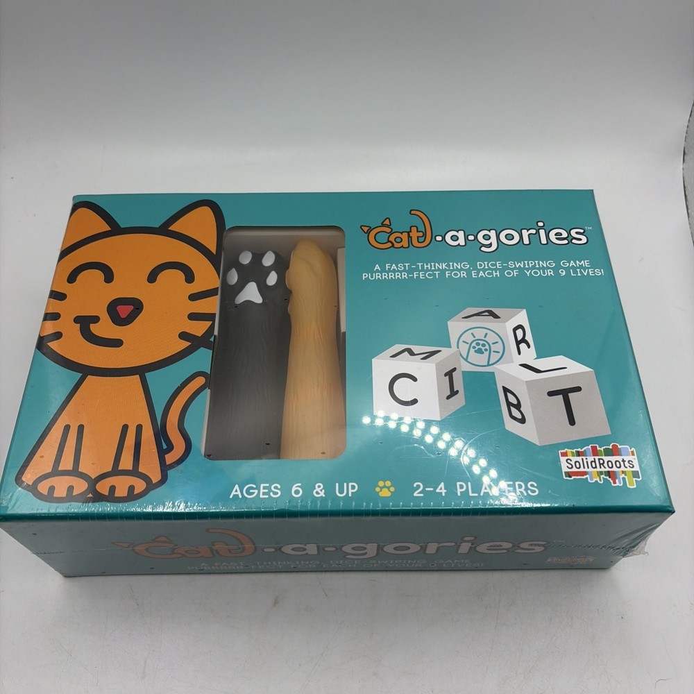 Solid Roots Cat-a-gories Game 2-4 Players 6+Wearable Cat Paws Dice & Topic Cards
