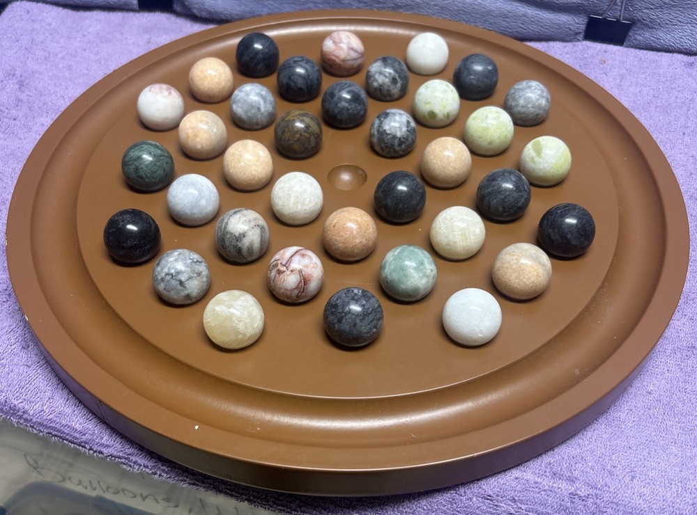 Vtg Semiprecious Stone Marble Solitaire Game 36 1” Stone Marbles 16” Board