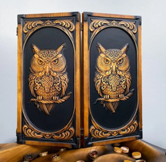 LUXURY Wooden BACKGAMMON Set Handcrafted Game New Board 48cm (19″), Carved, OWL