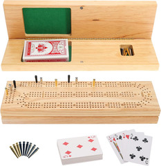 Wooden Cribbage Board Game Set, Continuous 3 Track for 2-3 Players, Travel Cribb