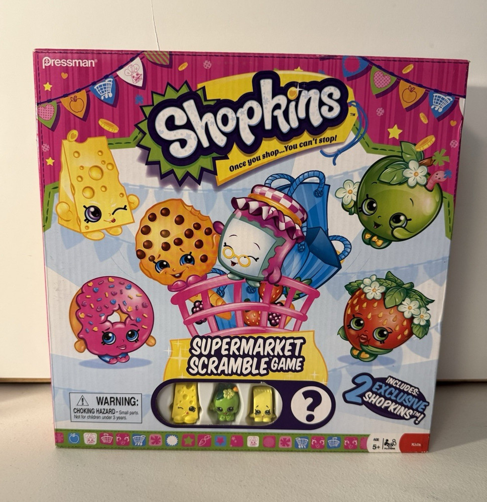 NEW Shopkins Supermarket Scramble Board Game Sealed 2 Exclusive Figures Pressman