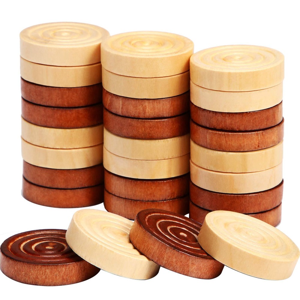 48 Pcs Wooden Checker Pieces with Stackable Ridge In Drawstring Storage Pouch