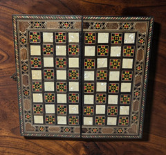 Lebanese Backgammon And Checker Board Set With Mother Of Pearl/Walnut Inlays