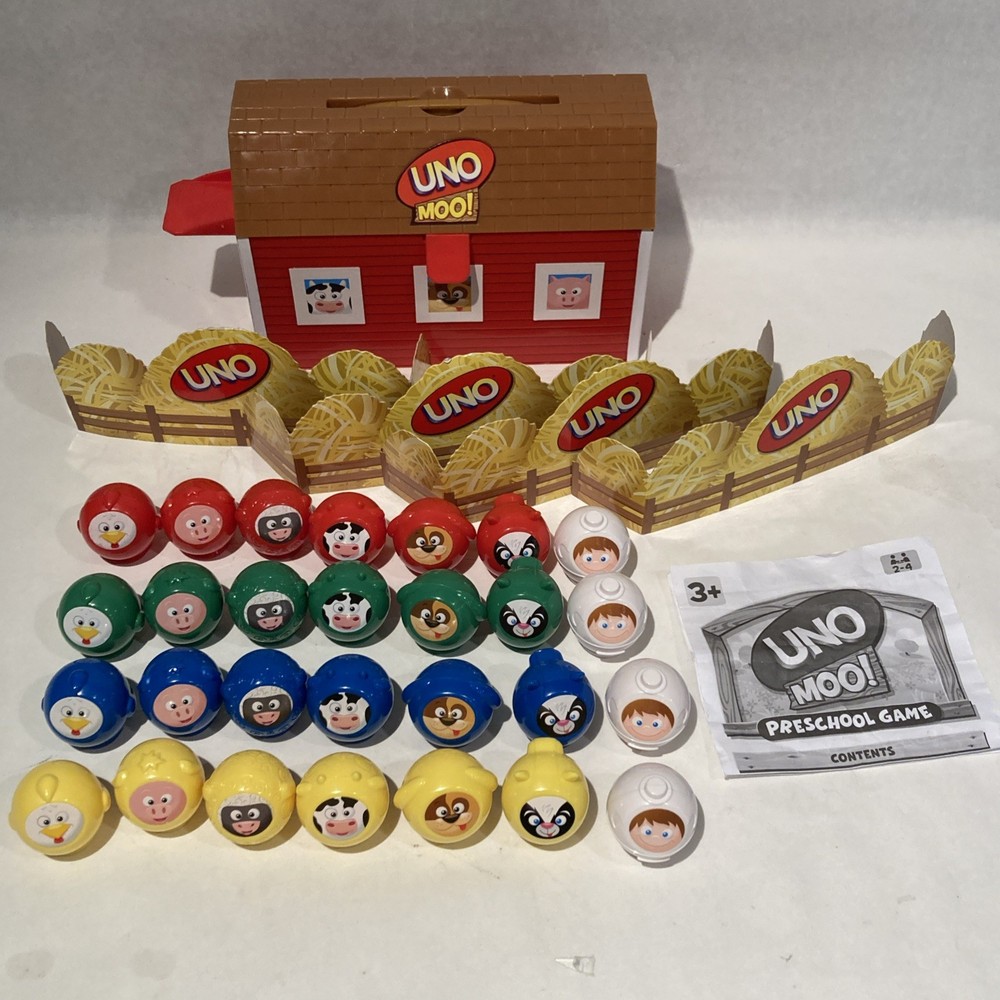 UNO Moo Game Complete With Barn Case 28 Figures Mattel 2008 100% Complete!!