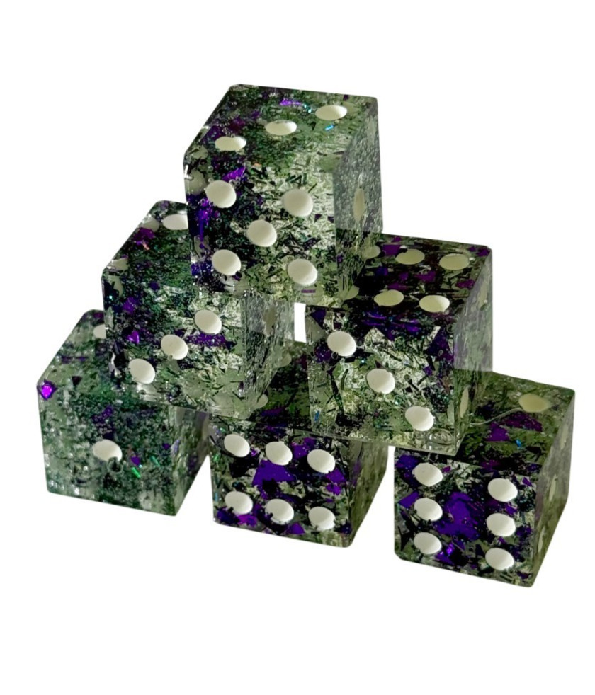 Resin Dice Set 6pcs – Purple Green Foil Sparkles Handmade Replacement Dice Games