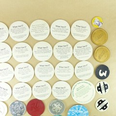 Junk Draw Lot of Coin Tokens from the 1990s. Metal, Plastic, Cardboard, Wood