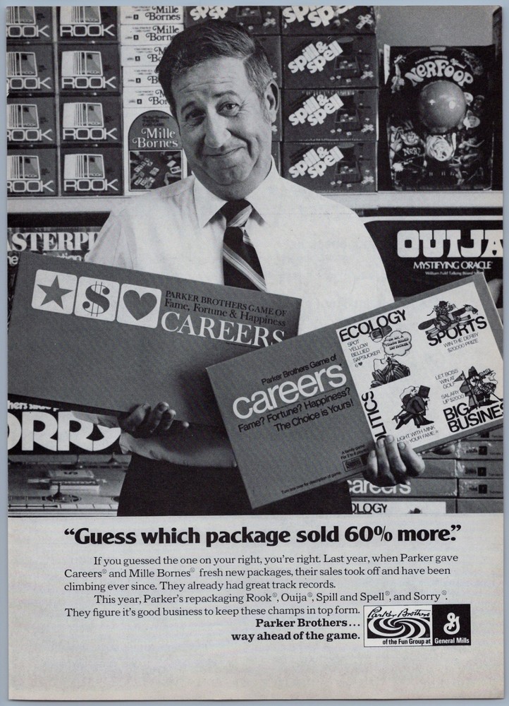 1972 Parker Brothers Board Games Vintage Toy Ad Careers New Packaging Ouija