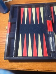 Vintage BACKGAMMON Travel Game Set Navy Blue Faux Leather Folding Case Compact
