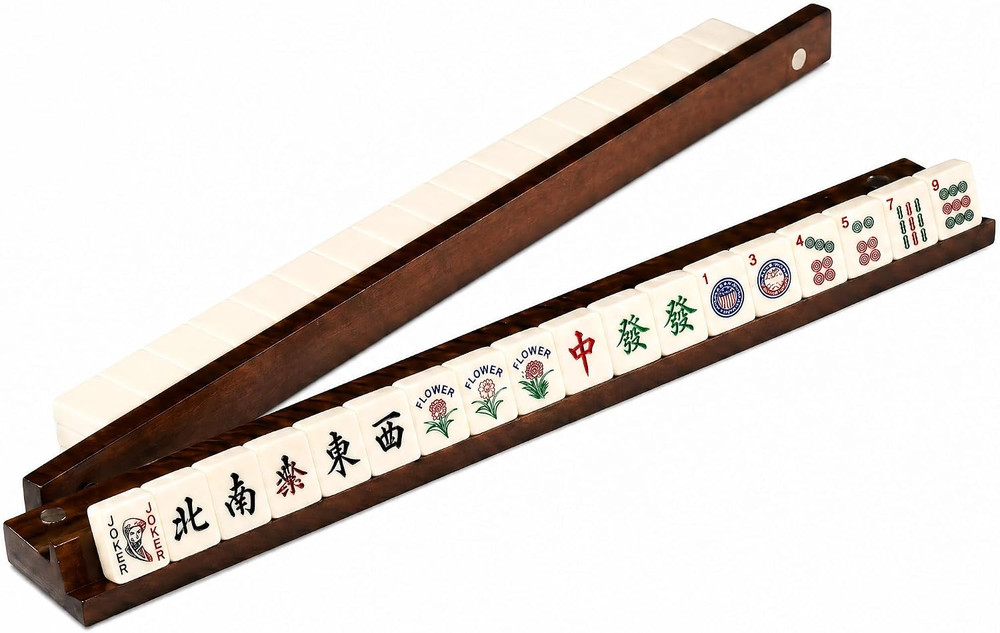 Premium Wood Mahjong Racks with Pushers, 17″ Wooden Tile Holders – Set of 4
