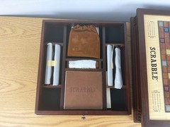 Scrabble Heirloom Edition with Rotating Solid Walnut Cabinet Turntable Open Box