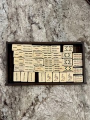 Antique Chinese Mahjong 5 Drawer Wood Box Set Bamboo Bone Mah-Jongg 144 pieces.