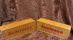Vintage Nico Products Dominoes Double 6 Set Urea Metal Spin Wood Box N Bergen NJ