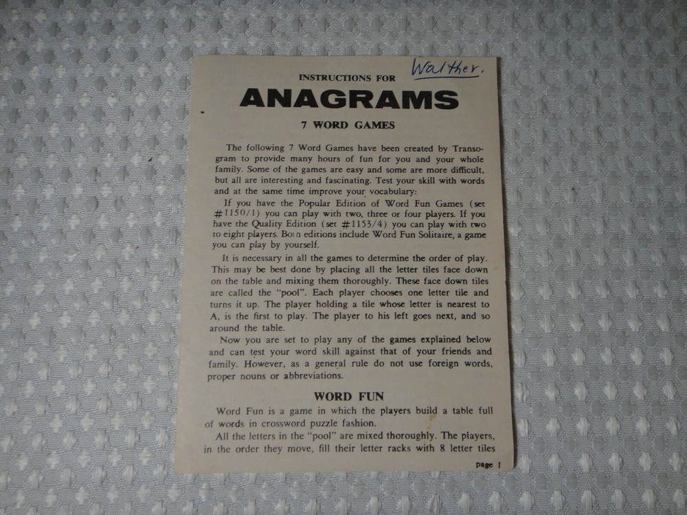 1957 Transogram Anagrams #1150 Word Tiles Game Replacement Parts Instructions