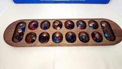 Vtg FAO Schwarz Cardinal MANCALA Premiere Edition Solid Walnut Wood & Gemstones