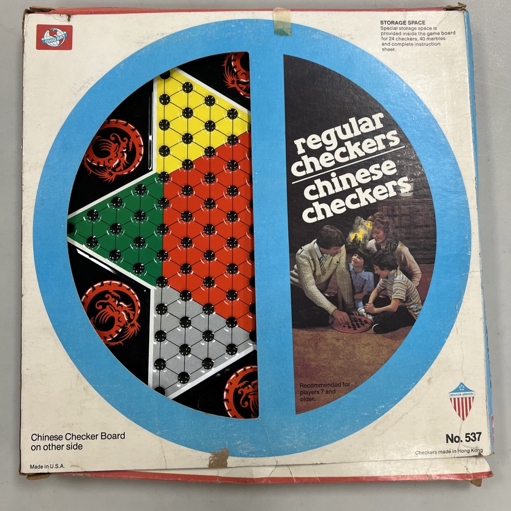 OHIO ART 2 IN 1 CHINESE GLASS MARBLES CHECKERS TIN STORAGE BOARD GAME NO 537