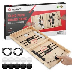 Fast Sling Puck Game, Wooden Air Hockey Board Game with 10 Spare Pucks & 2 El…