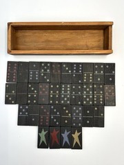 vintage 1998 domino set with wooden box black with multicolored stars