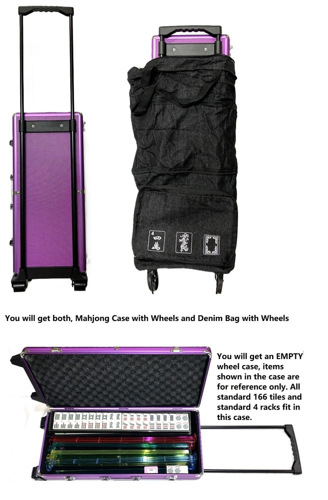 Mahjong Mahjongg EMPTY wheel Case 2 Trays for Tiles, Protective wheel Denim Bag