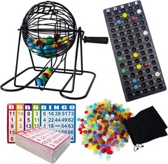 Deluxe Bingo Game Set – Metal Round Cage, 75 Colored Bingo Balls, 100 Bingo C…