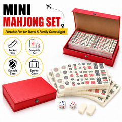 Compact Mini Mahjong Set with Dice Red Carry Case Travel Family Party Game Gift