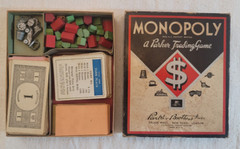 1937 Vintage Monopoly Black Box & Board with Metal Tokens Wood Houses & Hotels