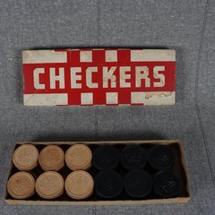 Vintage Wooden Checkers 24 Piece Set Hal Sam Made in USA Embossed Wood Game Box