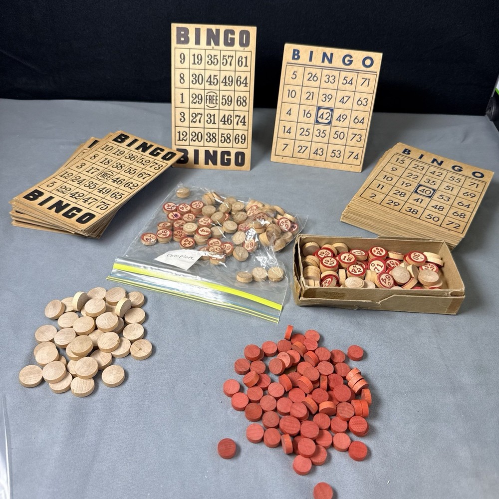 Rare Antique Bingo Set Complete with 50 Cards, Wooden Call Numbers New Unplayed