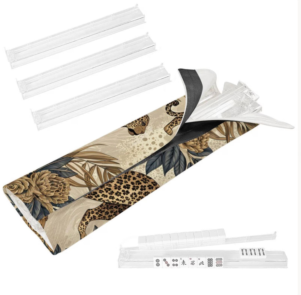 Cheetah Mahjong Tile Rack Set w/ Storage Bag 4 Clear Acrylic Racks Leopard