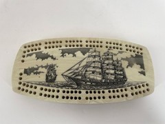 Vintage Style Cribbage Board Nautical Ship Ocean Theme Cream Marbled Felt Bottom