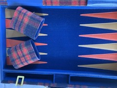 Vintage Wooden Backgammon Game Red, Blue, Gold Multicolored Complete Has All Pcs